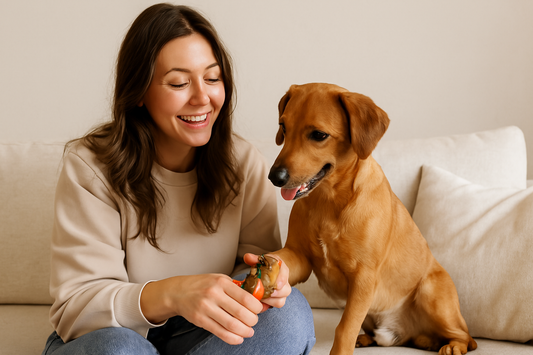 Mujer cortandole las uñas a un perro sentados en un sillón, sonriendo.